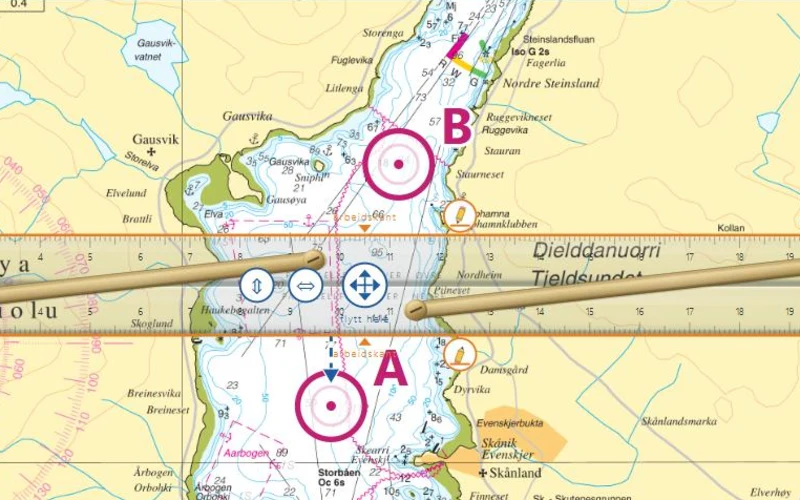 Kartbordet: Kartverkets skolekart over Tjeldsundet med parallellforskyveren lagt mellom punkt A og B i en kursoppgave